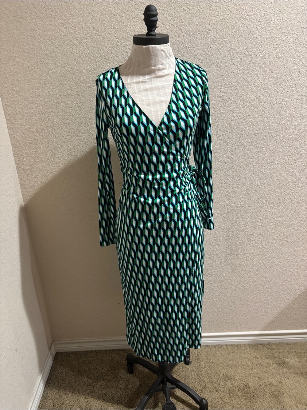 Diane Von Furstenberg Green and Teal Geometric Wrap Dress